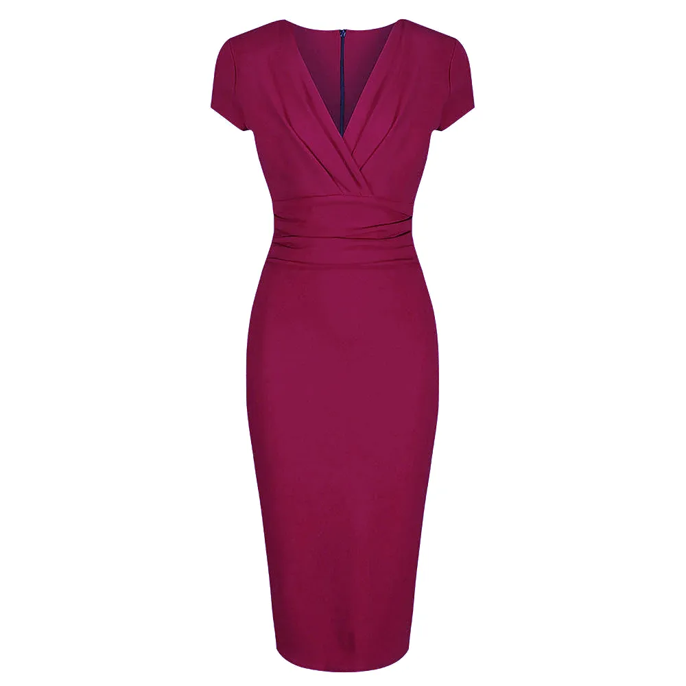 Amaranth Deep V Cap Sleeve Bodycon Ruched Waist Wiggle Dress