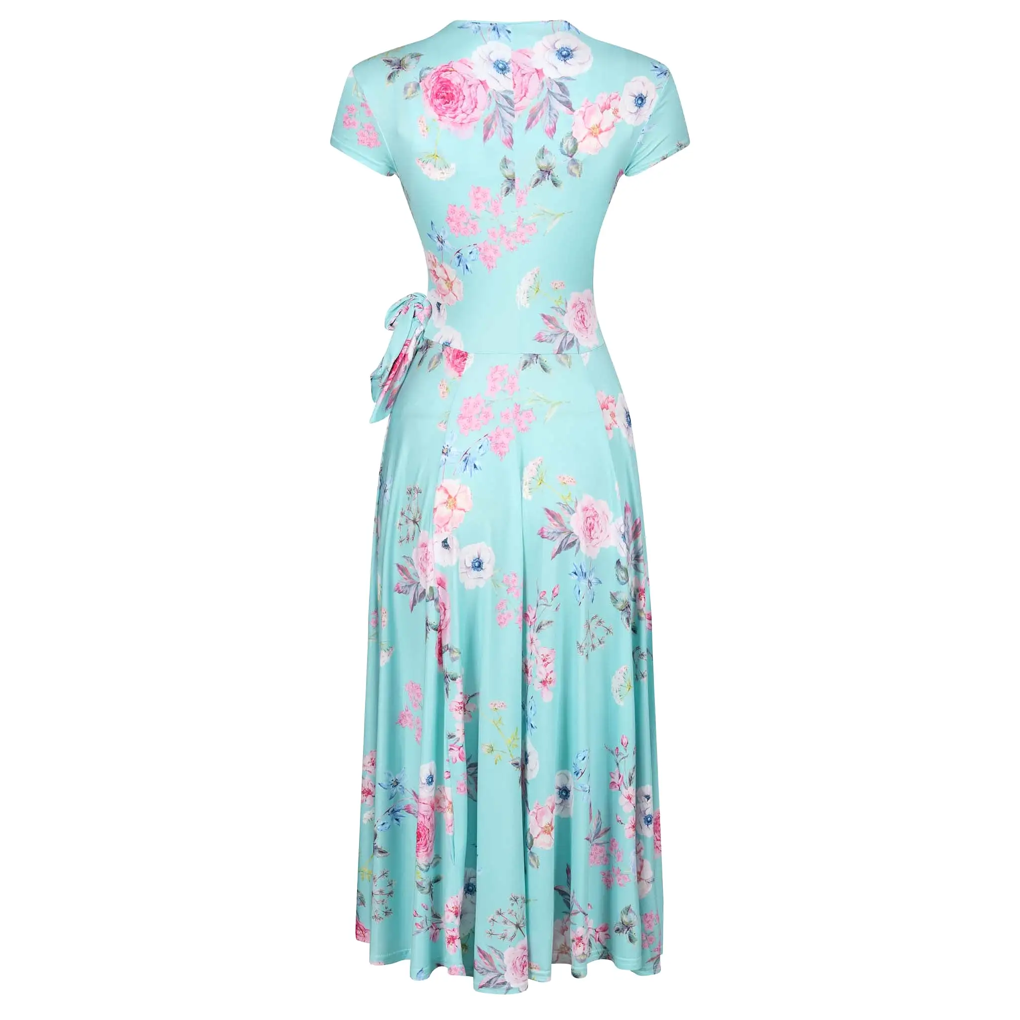 Aqua Mint Floral Print Cap Sleeve Crossover Top Swing Dress