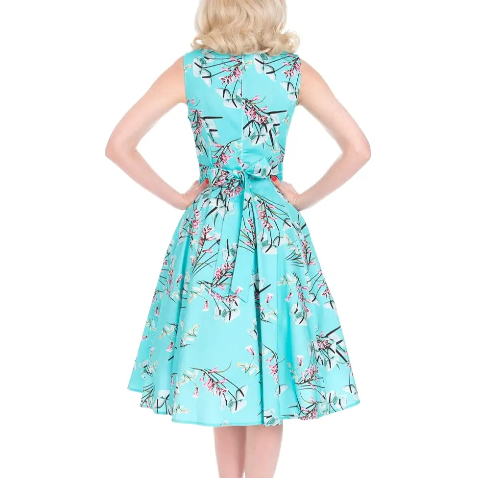 Azure Blue Vintage Floral Blossom Rockabilly 50s Swing Dress