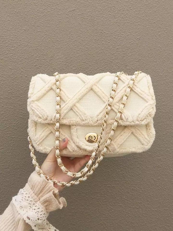 Beige Gold Trimmed Canvas Flap Bag