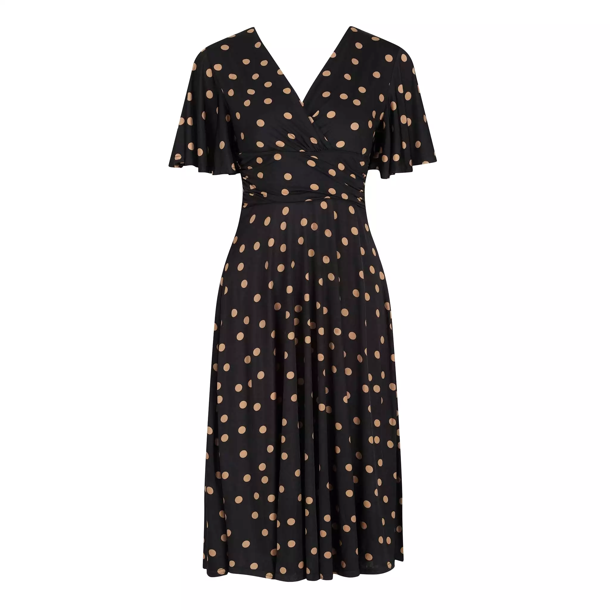 Black & Gold Polka Dot Waterfall Sleeve Wrap Style Swing Dress