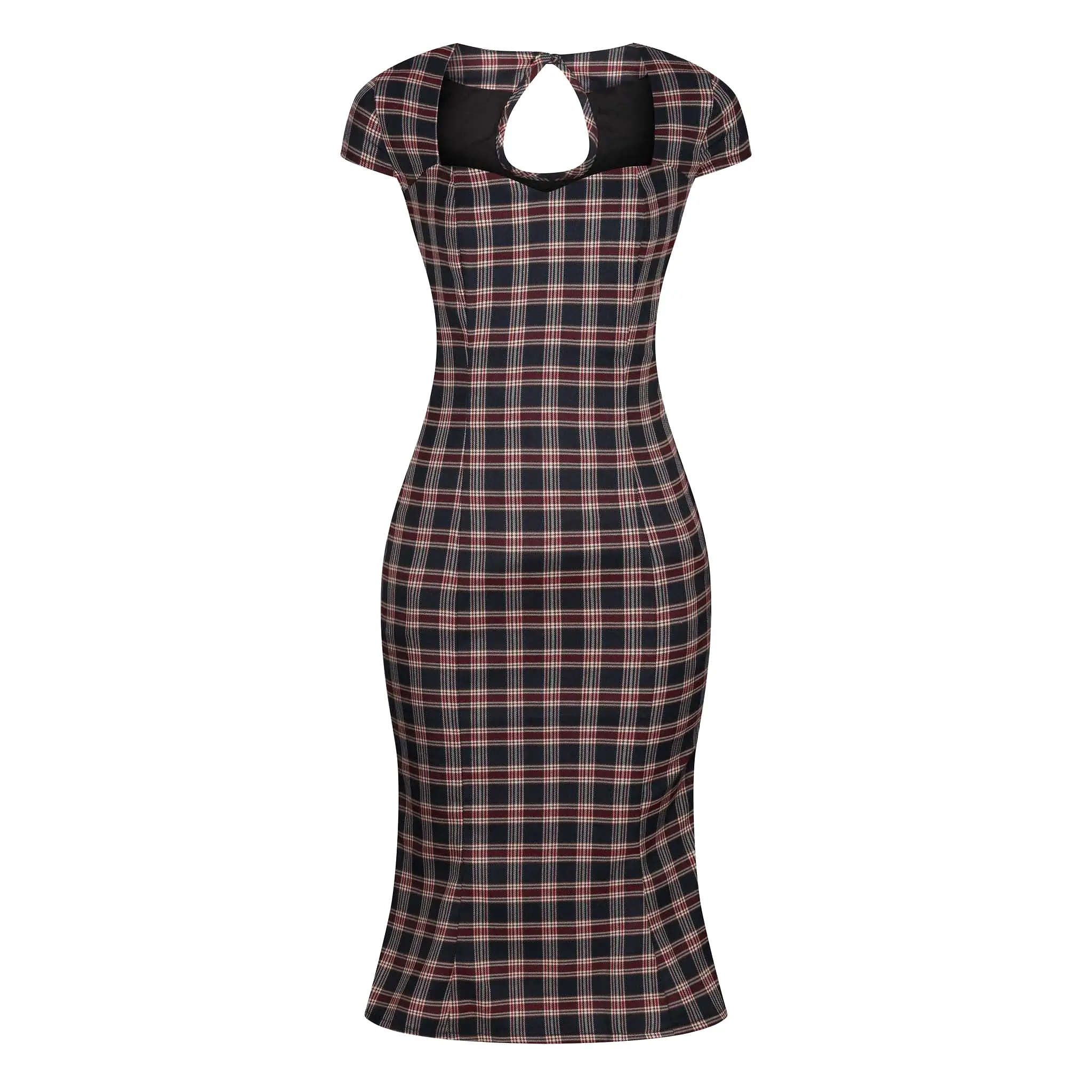 Black & Red Tartan Check Capped Sleeve Peplum Pencil Dress