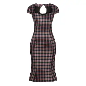 Black & Red Tartan Check Capped Sleeve Peplum Pencil Dress