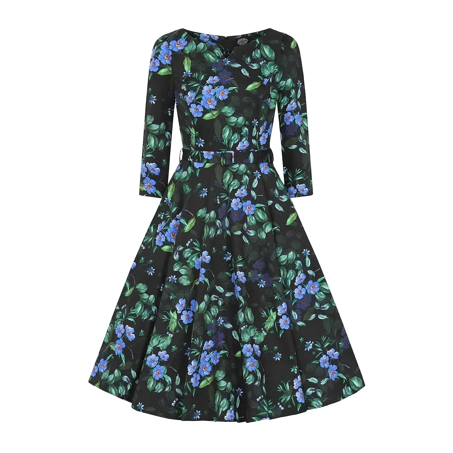 Black And Blue Floral Print 3/4 Sleeve 50s Swing Dress