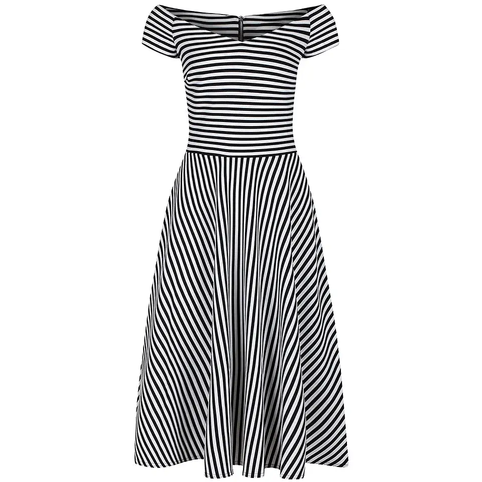 Black and White Vintage Striped Cap Sleeve Swing Dress