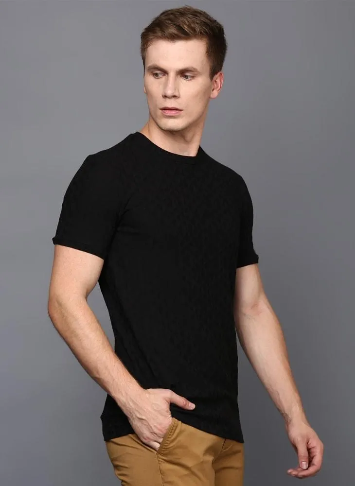 Black Crew Neck Geometrical Textured T-Shirt