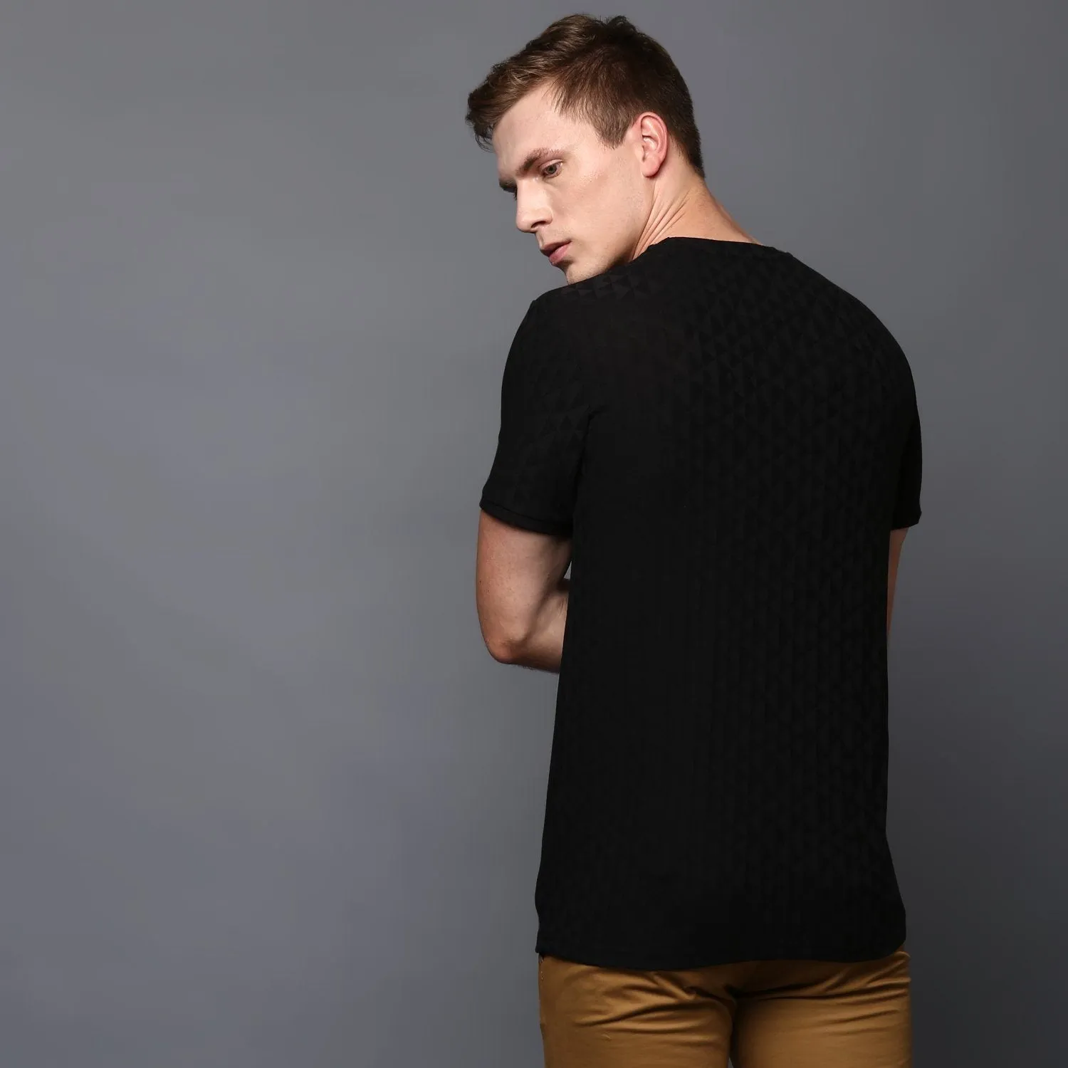 Black Crew Neck Geometrical Textured T-Shirt