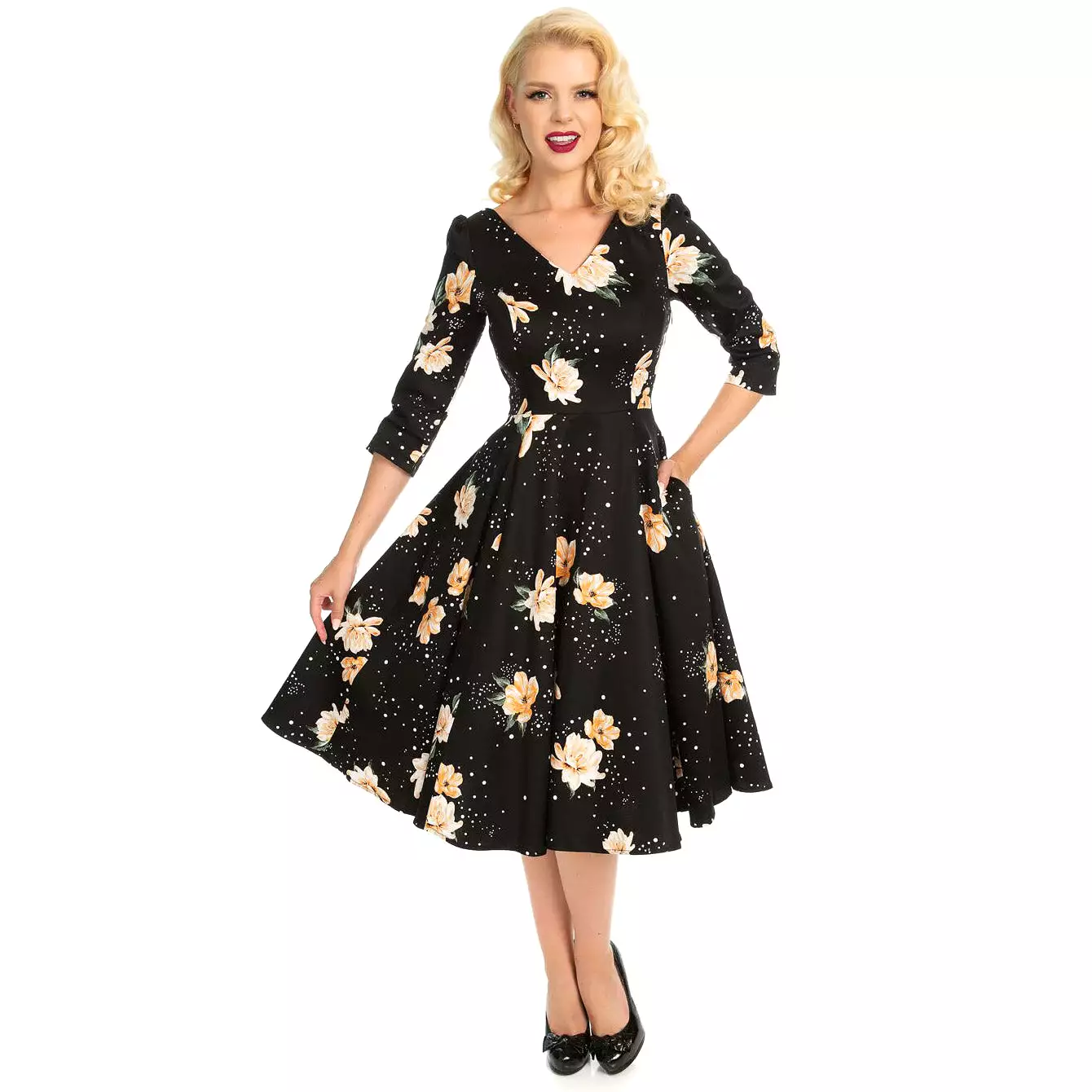 Black Floral Stardust 3/4 Sleeve Vintage Swing Dress