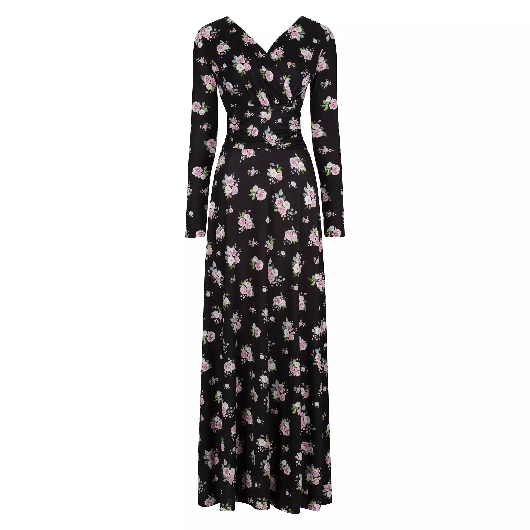 Black Pink Floral Print Long Sleeve Maxi Dress