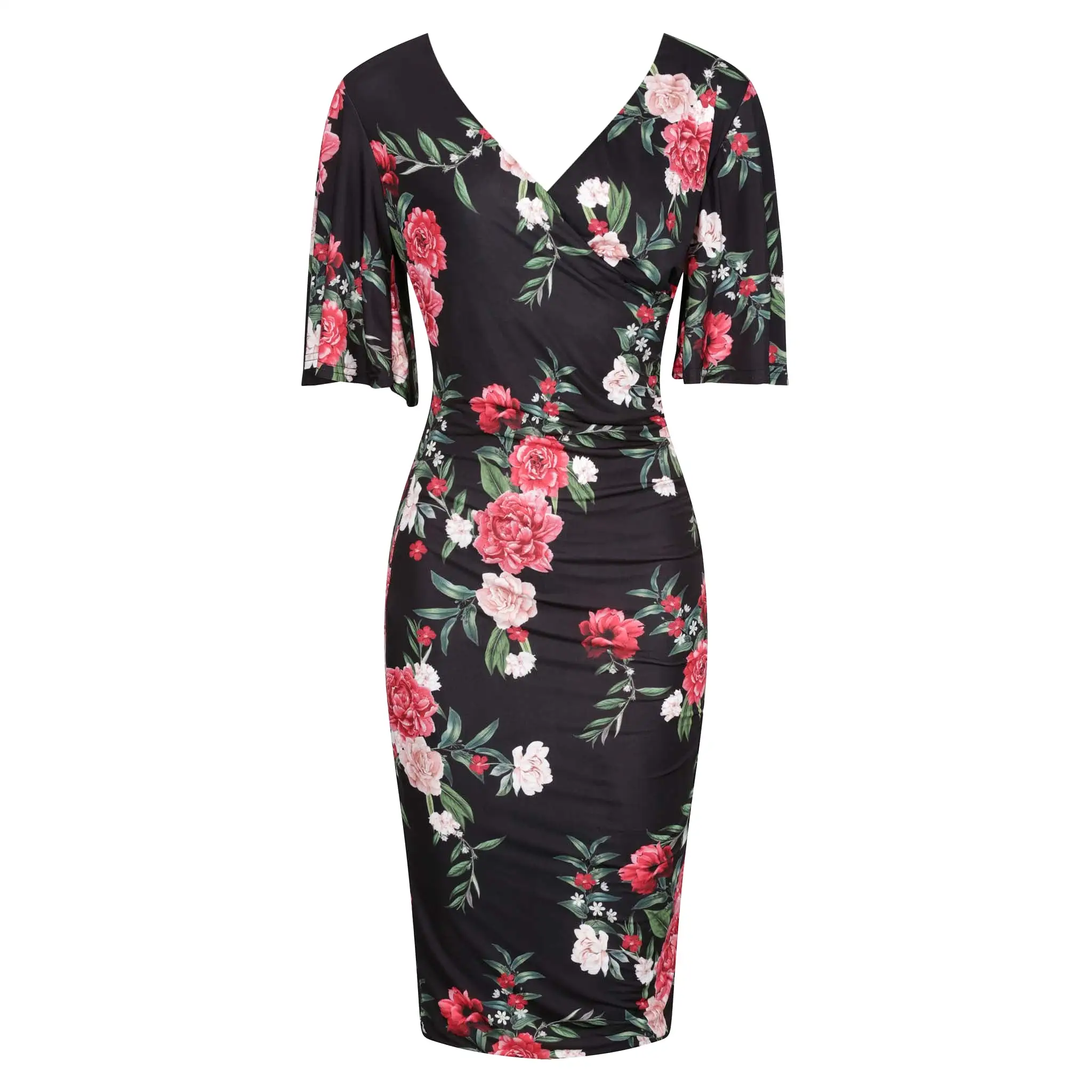 Black Pink Rose Butterfly Sleeve Slinky Pencil Cocktail Dress