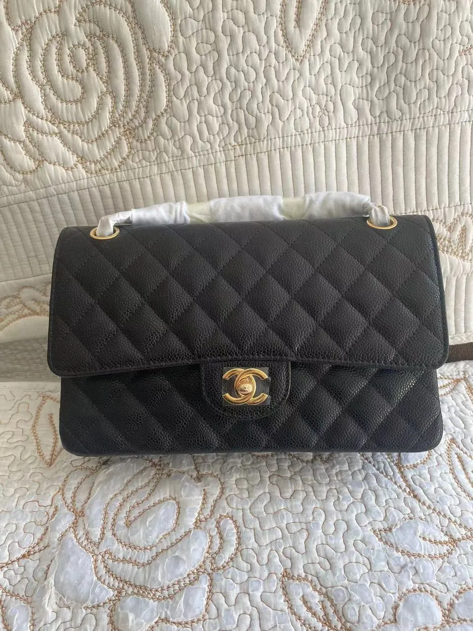 Black Quilted Cavier Flap Bag