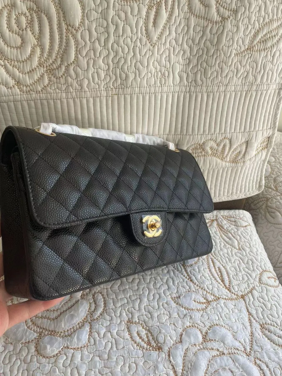 Black Quilted Cavier Flap Bag