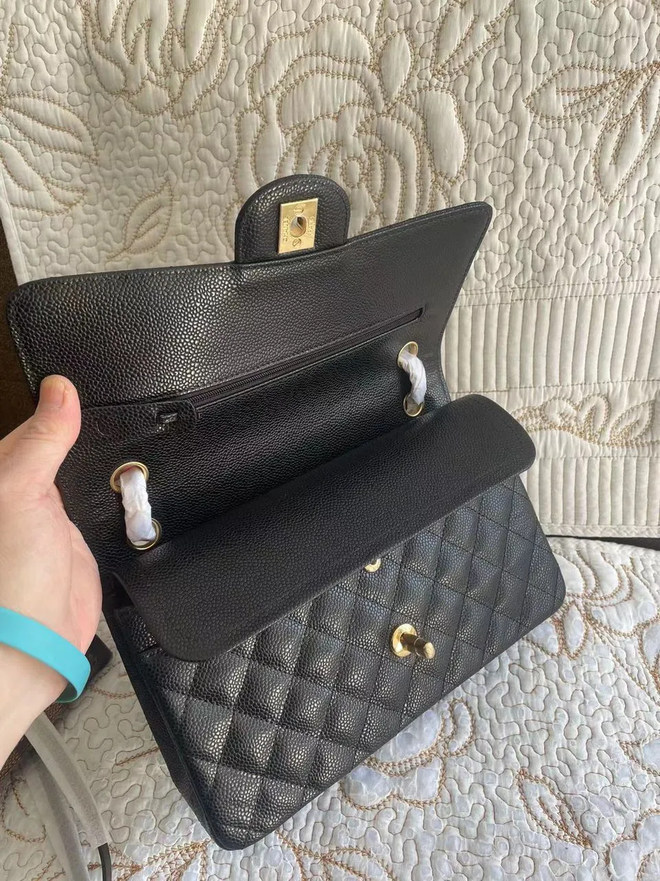 Black Quilted Cavier Flap Bag