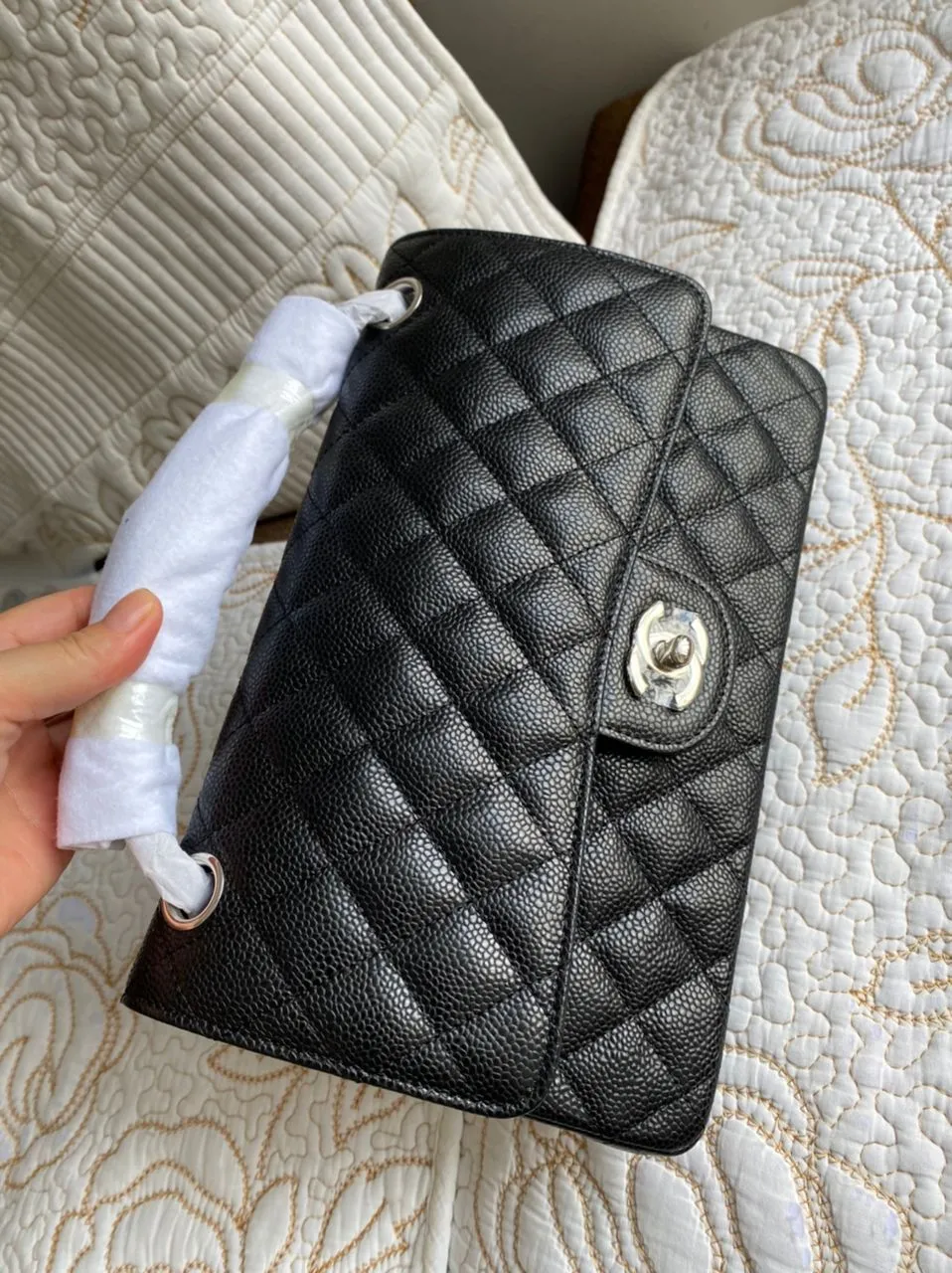 Black Quilted Cavier Flap Bag