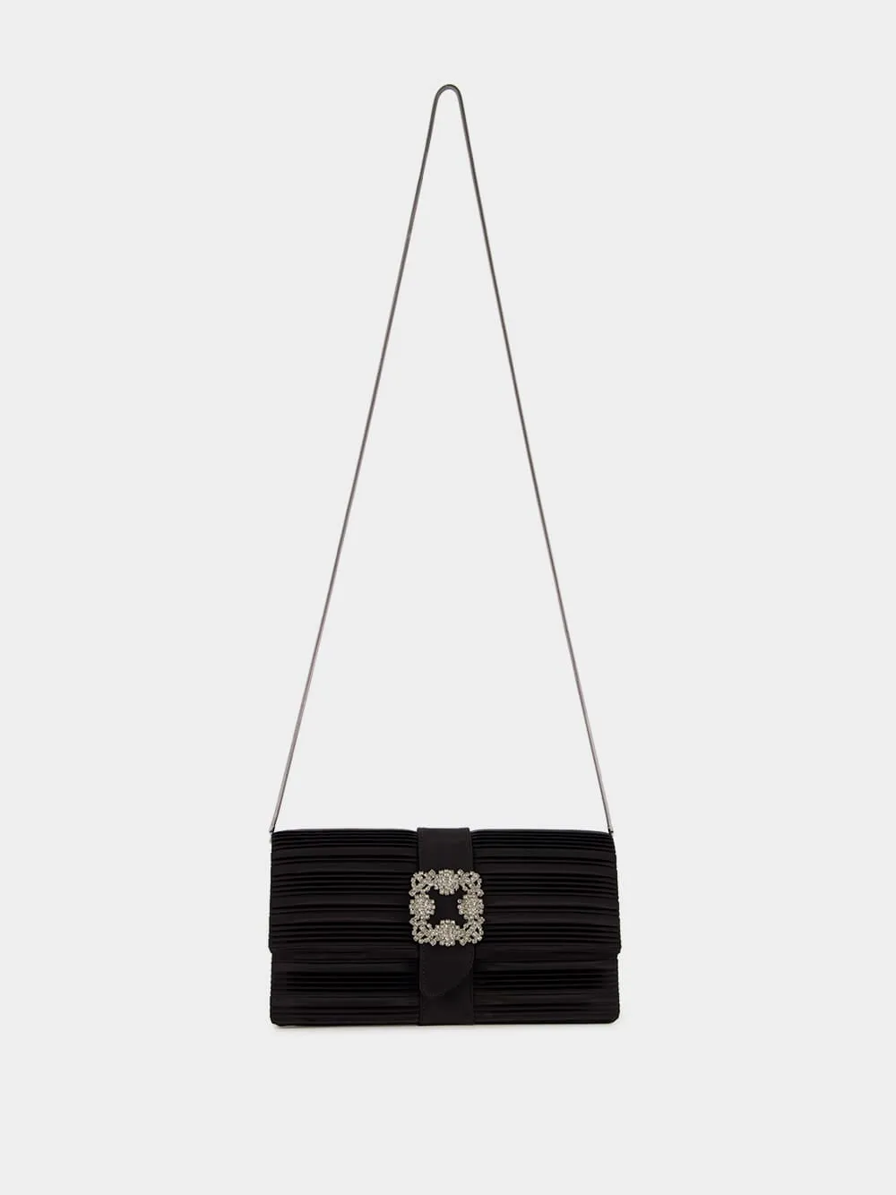 Black Satin Clutch with Crystal Buckle Detail