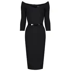 Black Wide V Neck 3/4 Sleeve Vintage Style Belted Bodycon Pencil Dress