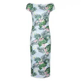 Blue Green Tropical Floral Print 40s Style Cap Sleeve Slinky Pencil Wiggle Dress