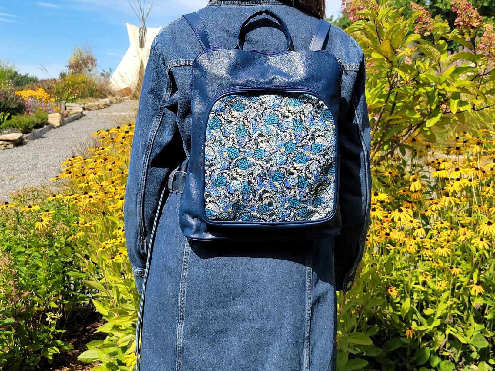 Blue Leather whit Flower- 3 in 1 Backpack