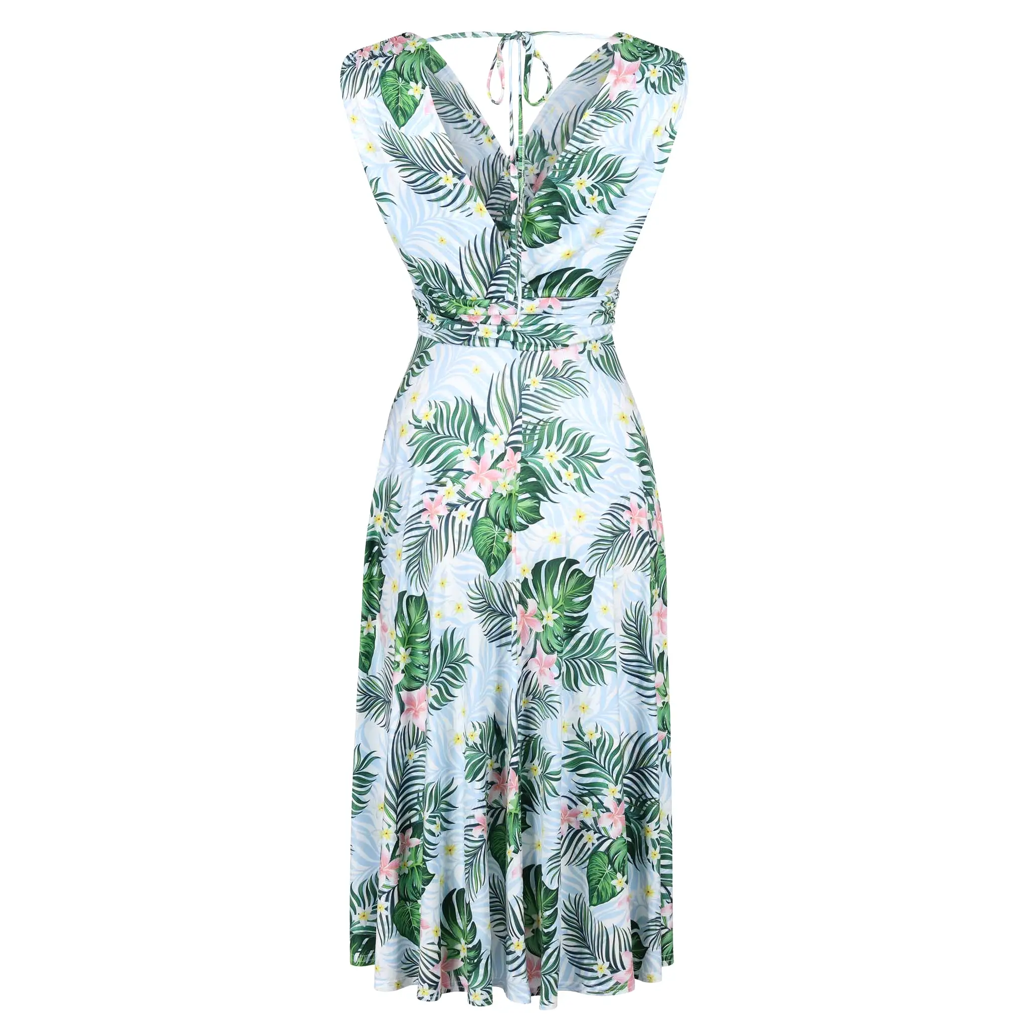 Blue Tropical Floral Print V Neck Crossover Top Empire Waist Swing Dress