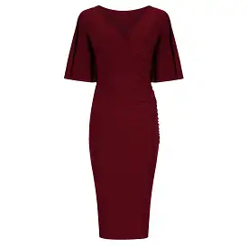 Burgundy Wine Red Butterfly Sleeve Slinky Pencil Cocktail Dress