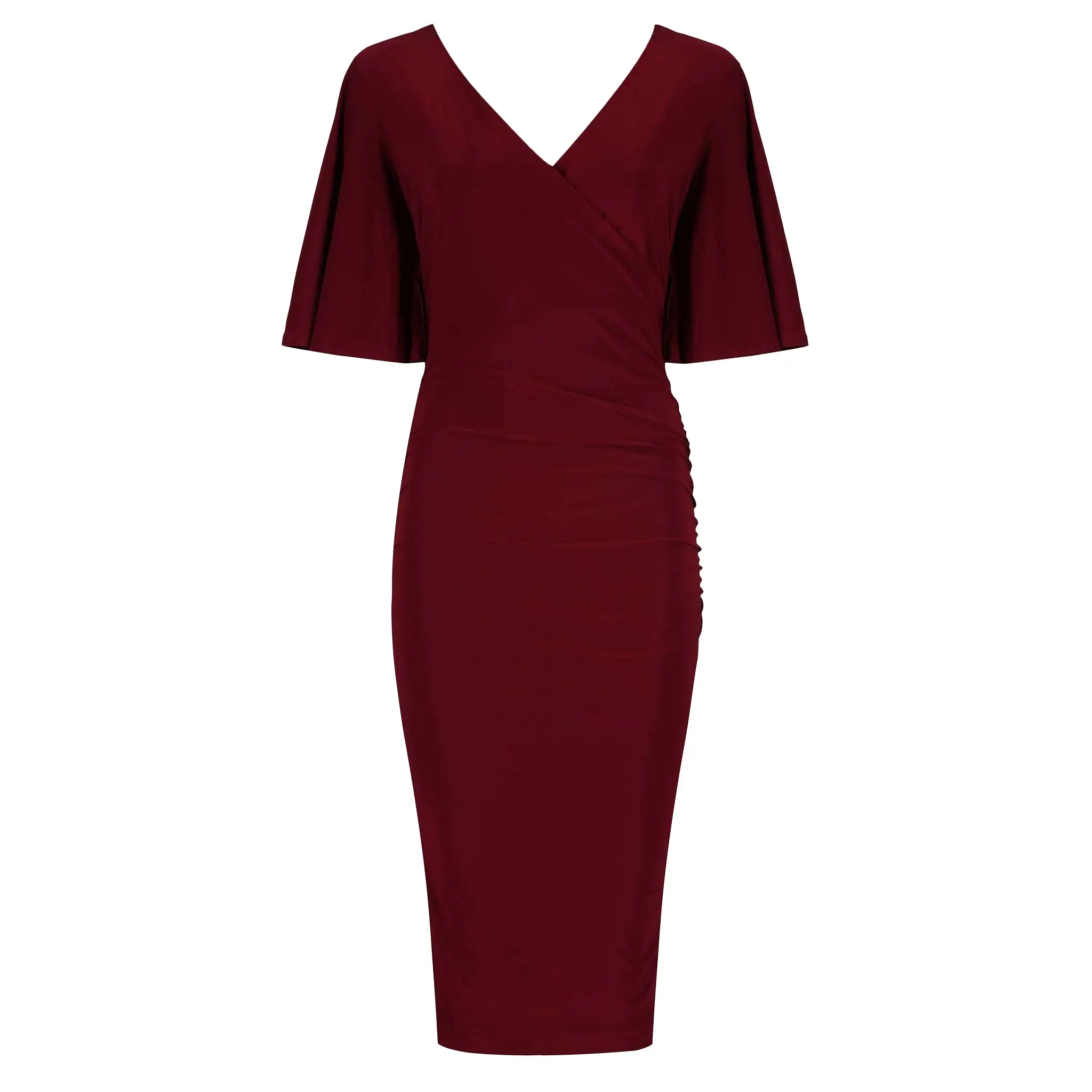 Burgundy Wine Red Butterfly Sleeve Slinky Pencil Cocktail Dress