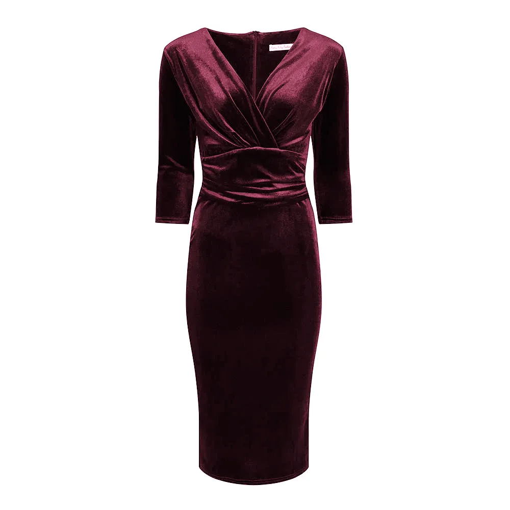 Claret Red Velour Deep V 3/4 Sleeve Bodycon Ruched Waist Wiggle Dress