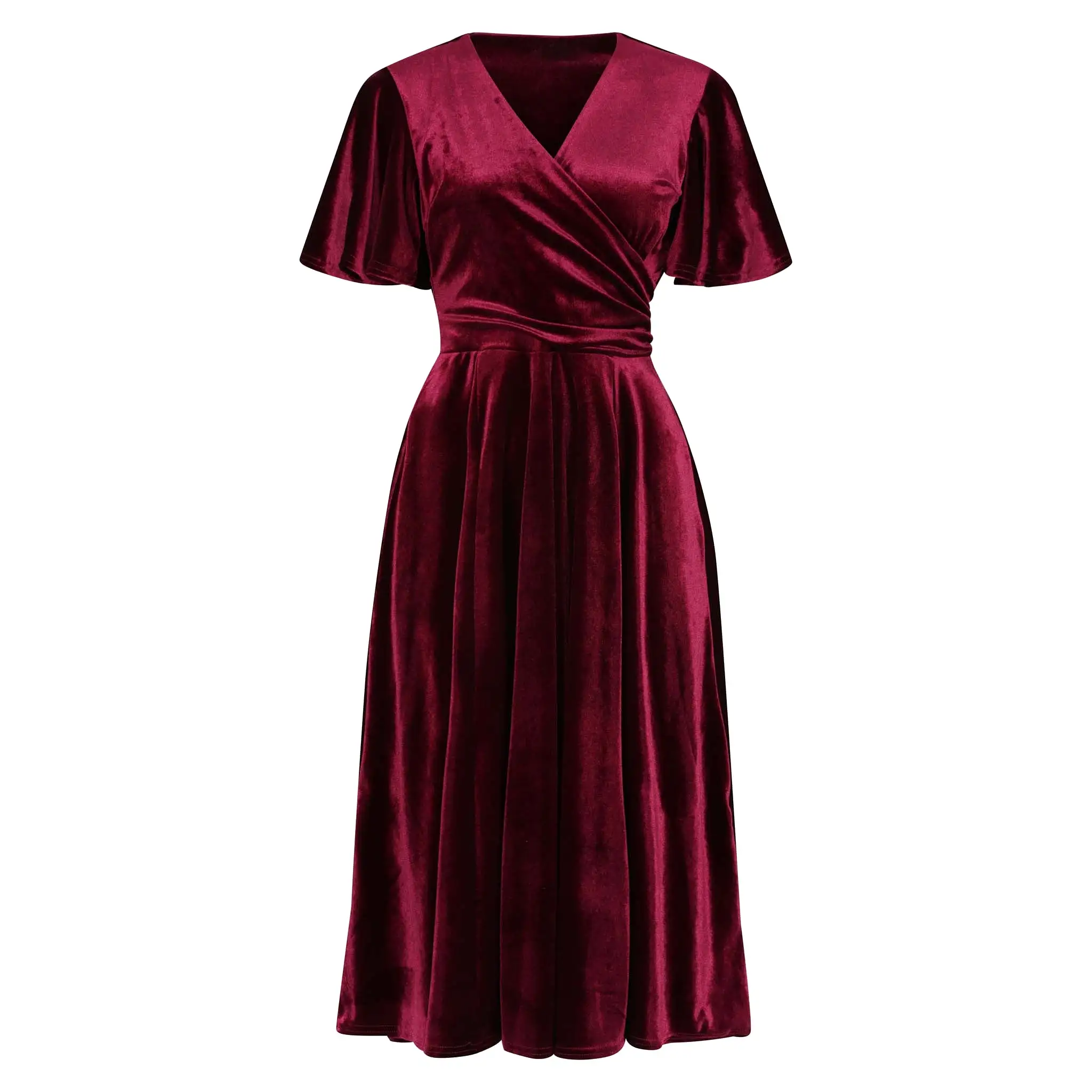 Claret Red Velour Waterfall Sleeve Crossover Wrap Effect Swing Dress