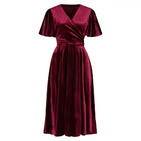 Claret Red Velour Waterfall Sleeve Crossover Wrap Effect Swing Dress