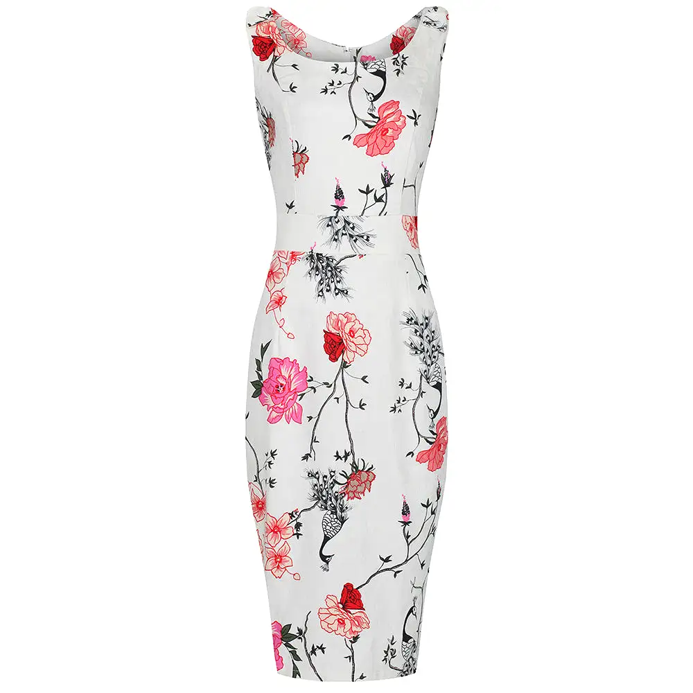 Cream Floral And Bird Print Vintage Style Pencil Dress