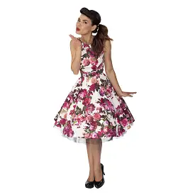 Cream White and Pink Floral Audrey 50s Swing Dress