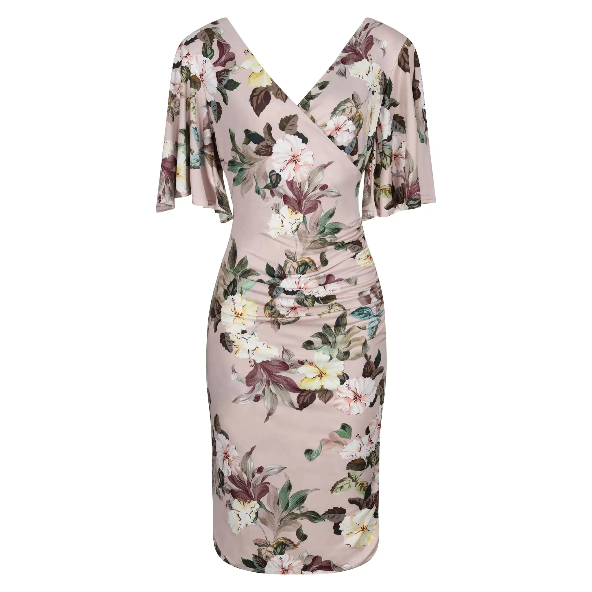 Dusky Pink Floral Print Butterfly Sleeve Slinky Pencil Cocktail Dress