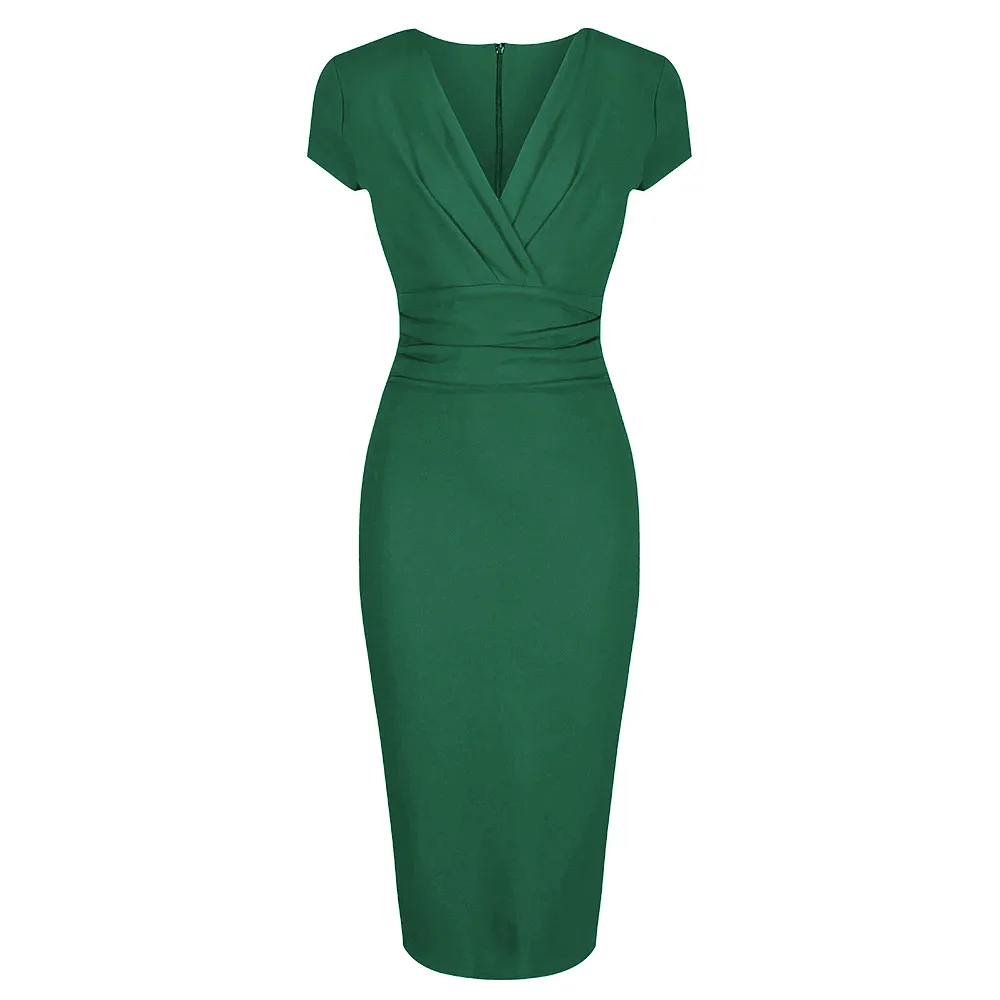 Emerald Green Deep V Neck Cap Sleeve Ruched Waist Bodycon Wiggle Dress