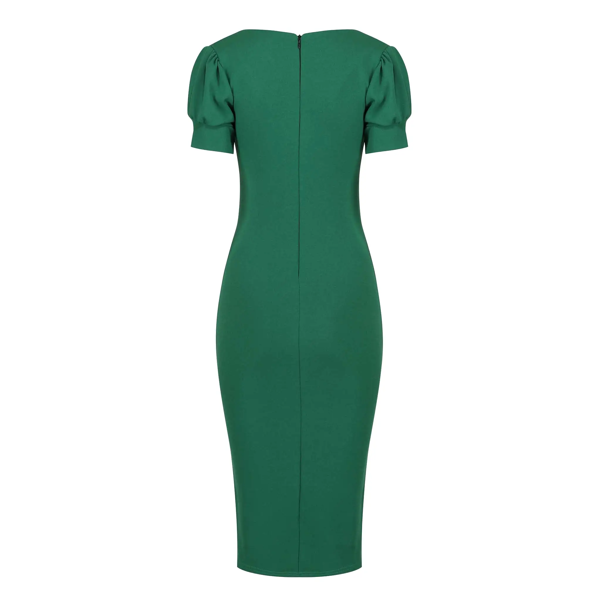 Emerald Green Puff Sleeve V Neck Bodycon Pencil Dress