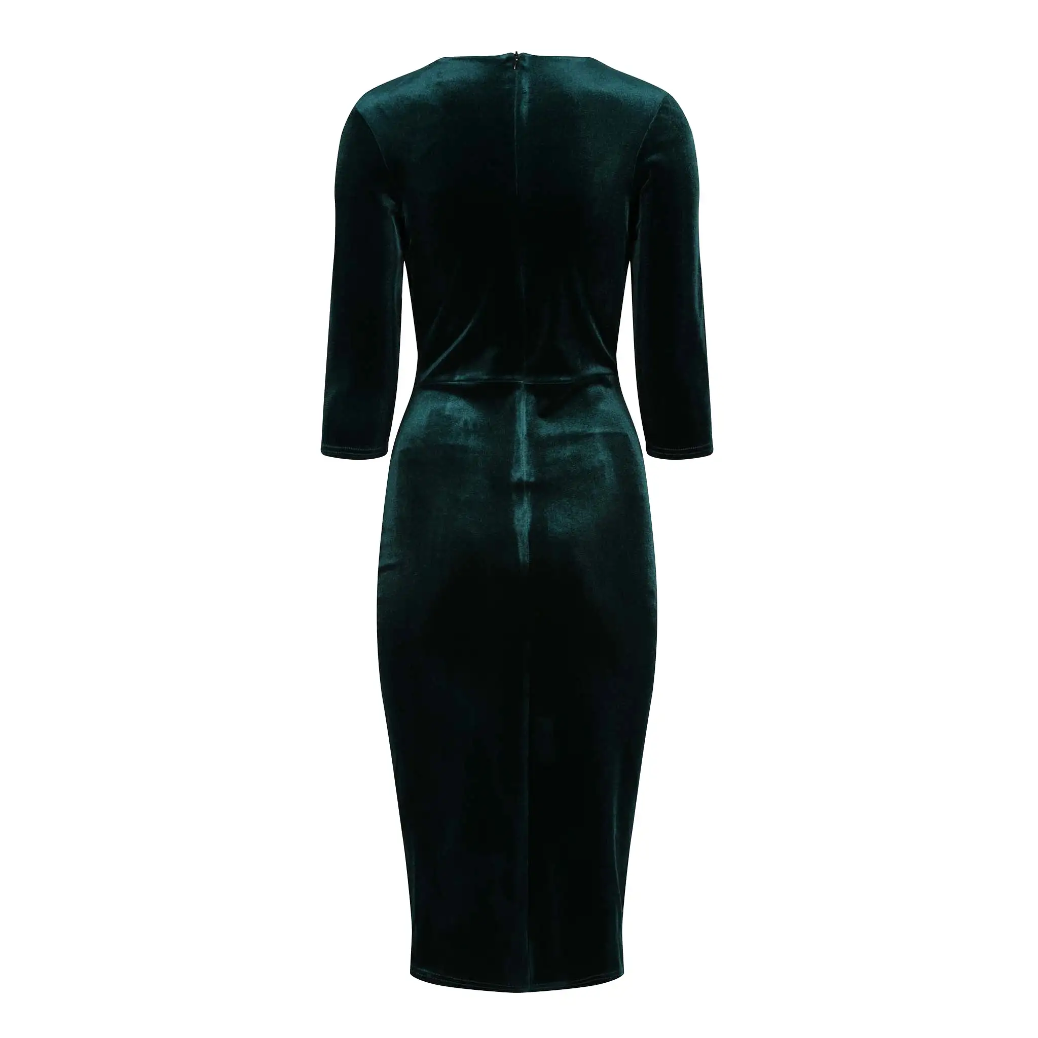 Emerald Green Velour Deep V 3/4 Sleeve Bodycon Ruched Waist Wiggle Dress