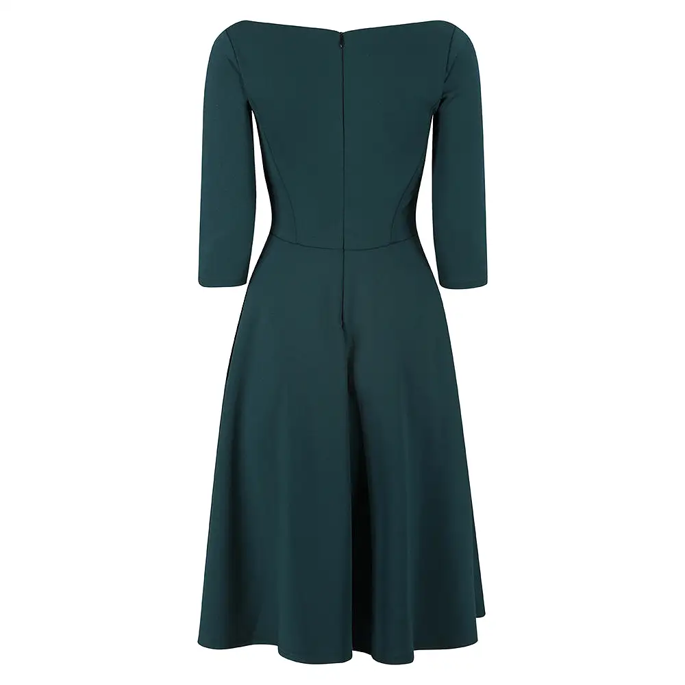 Forest Green Audrey 1950s Style 3/4 Sleeve Swing Dress