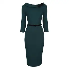 Forest Green Black Belted Bow Pencil Dress