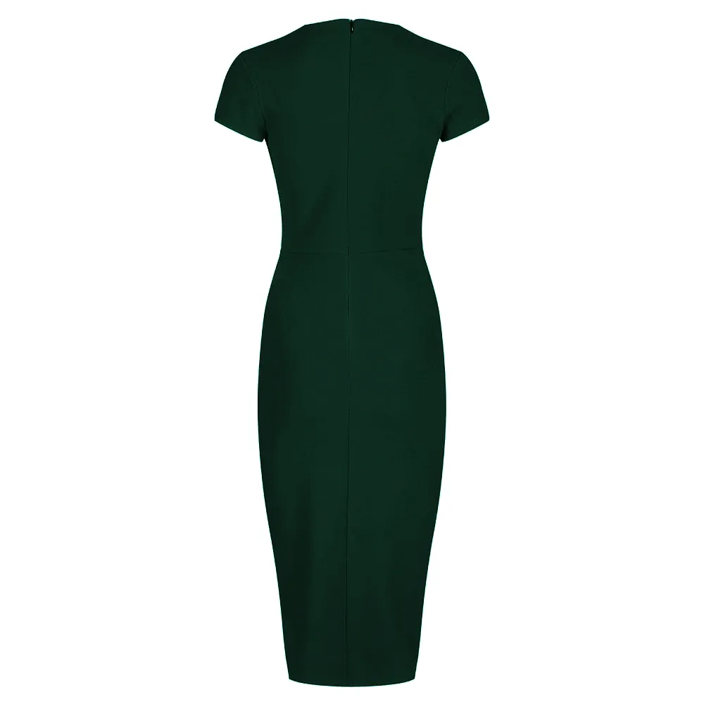 Forest Green Deep V Cap Sleeve Bodycon Ruched Waist Wiggle Dress