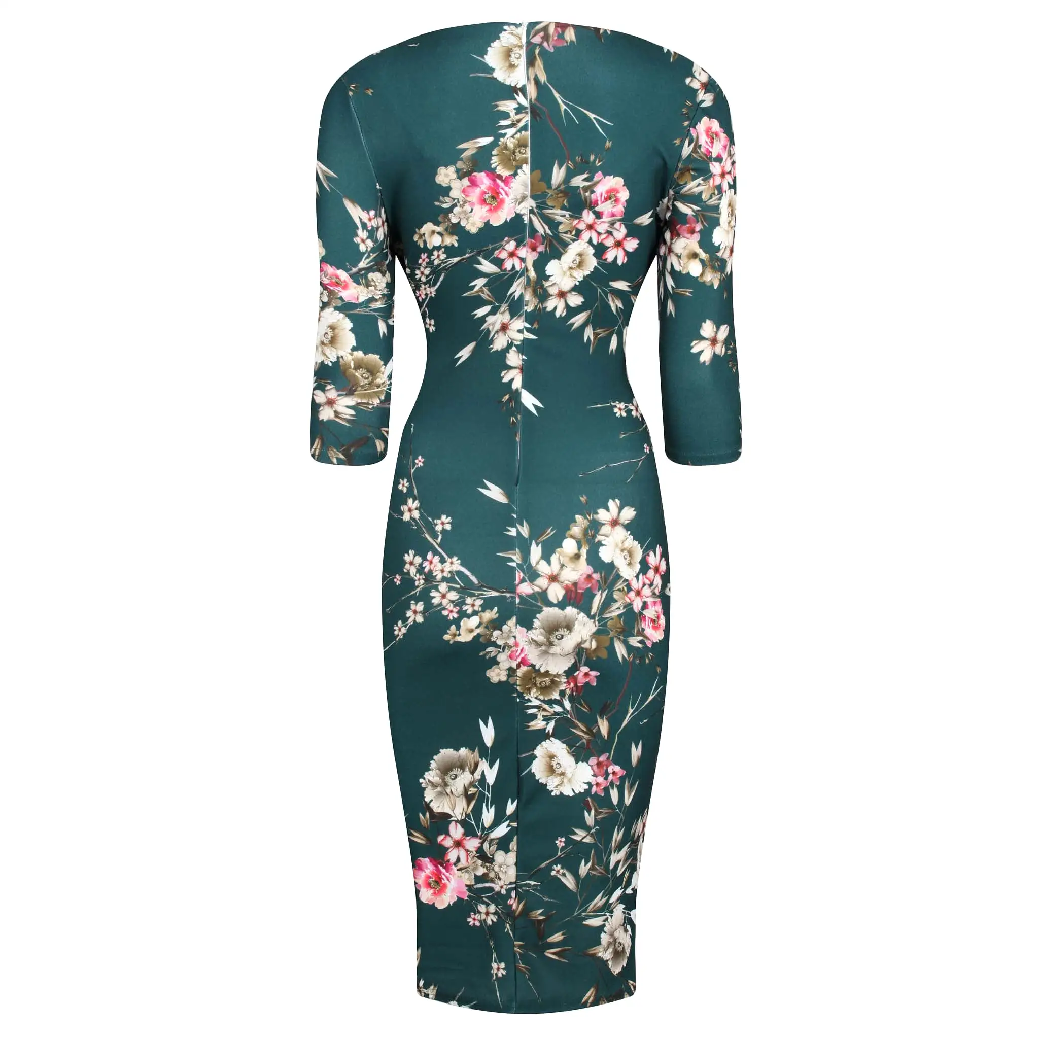 Forest Green Floral Print 40s 3/4 Sleeve Wiggle Wrap Dress