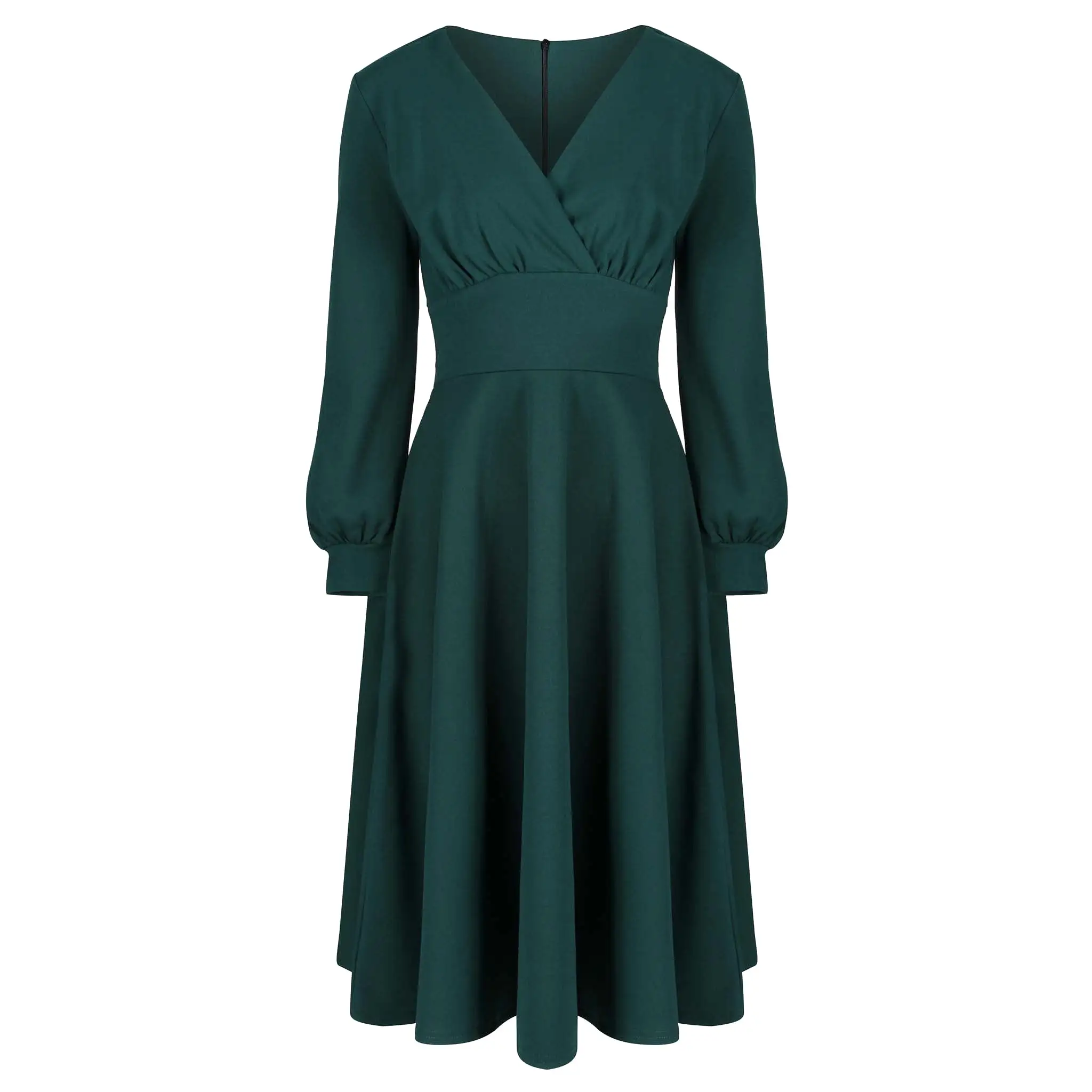 Forest Green Long Sleeve A Line Vintage Crossover Tea Swing Dress