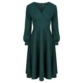 Forest Green Long Sleeve A Line Vintage Crossover Tea Swing Dress