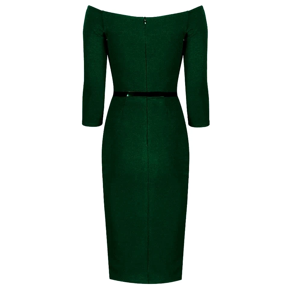 Forest Green Wide V Neck 3/4 Sleeve Belted Bodycon Pencil Dress