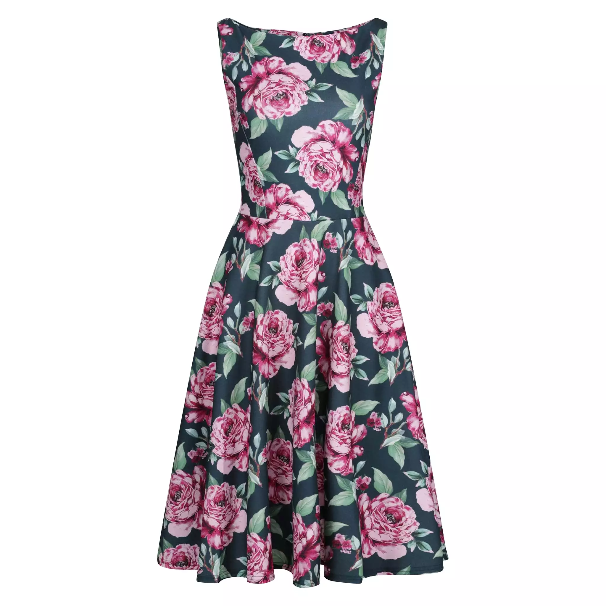 Green And Pink Floral Audrey Style 1950s Swing Dress