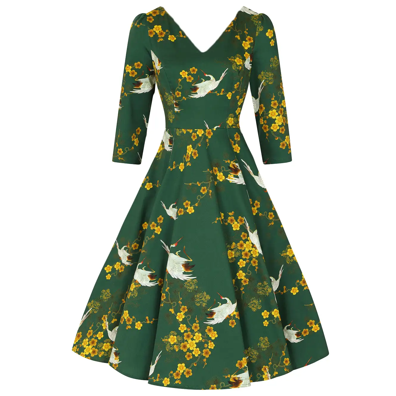 Green Birds & Blossom Print 3/4 Sleeve Vintage Style Swing Tea Dress With Pockets