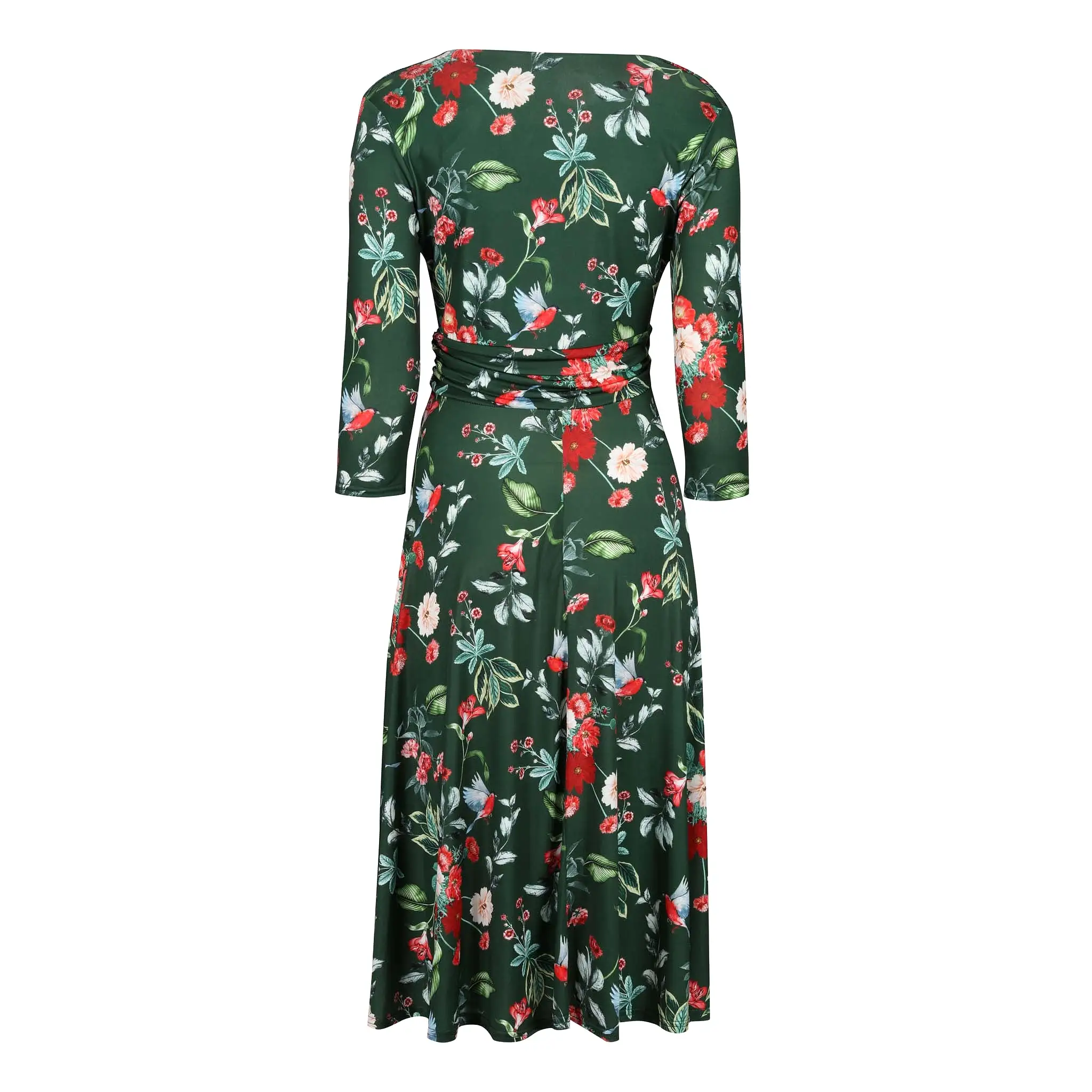 Green Floral & Bird Print 3/4 Sleeve V Neck Crossover Top Tea Dress