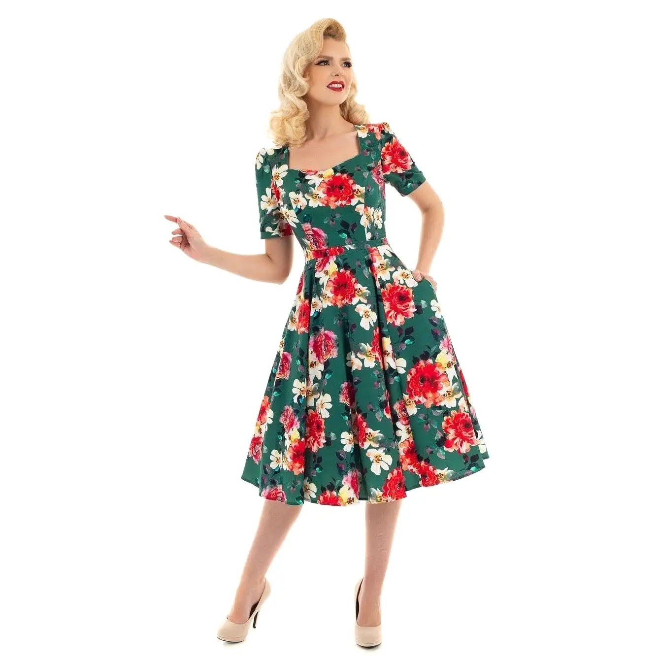 Green Floral Print 1/2 Sleeve Pin Up Rockabilly 50s Swing Dress