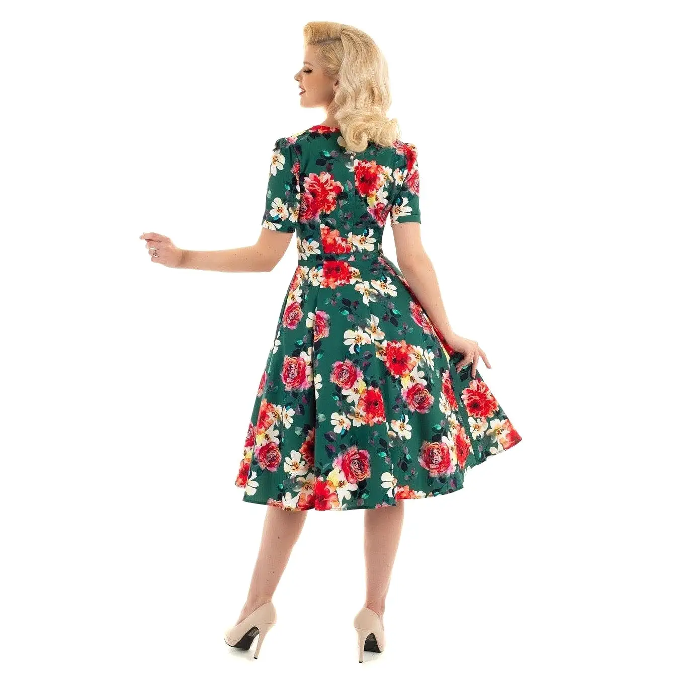 Green Floral Print 1/2 Sleeve Pin Up Rockabilly 50s Swing Dress