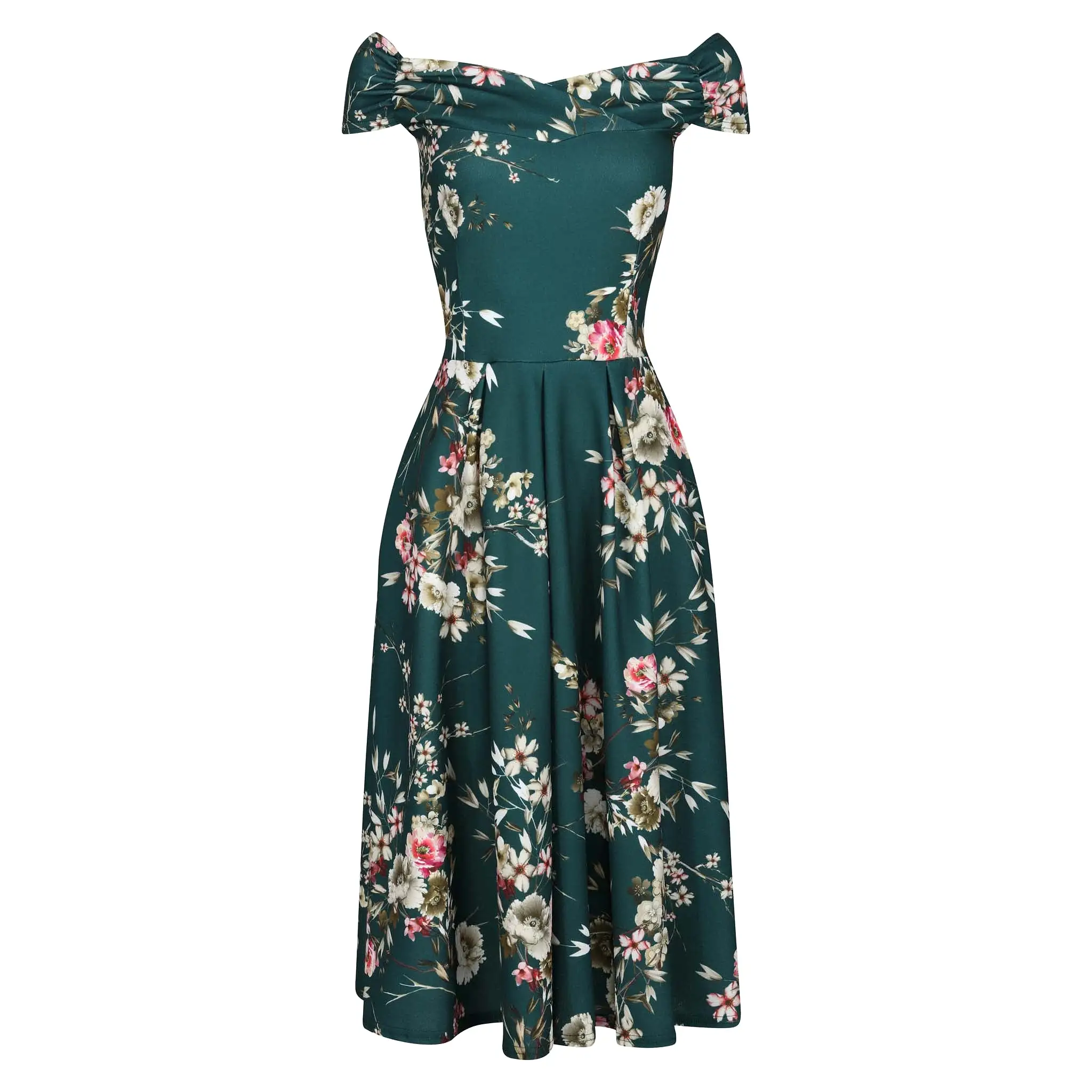 Green Floral Print Crossover Bardot 50s Swing Dress