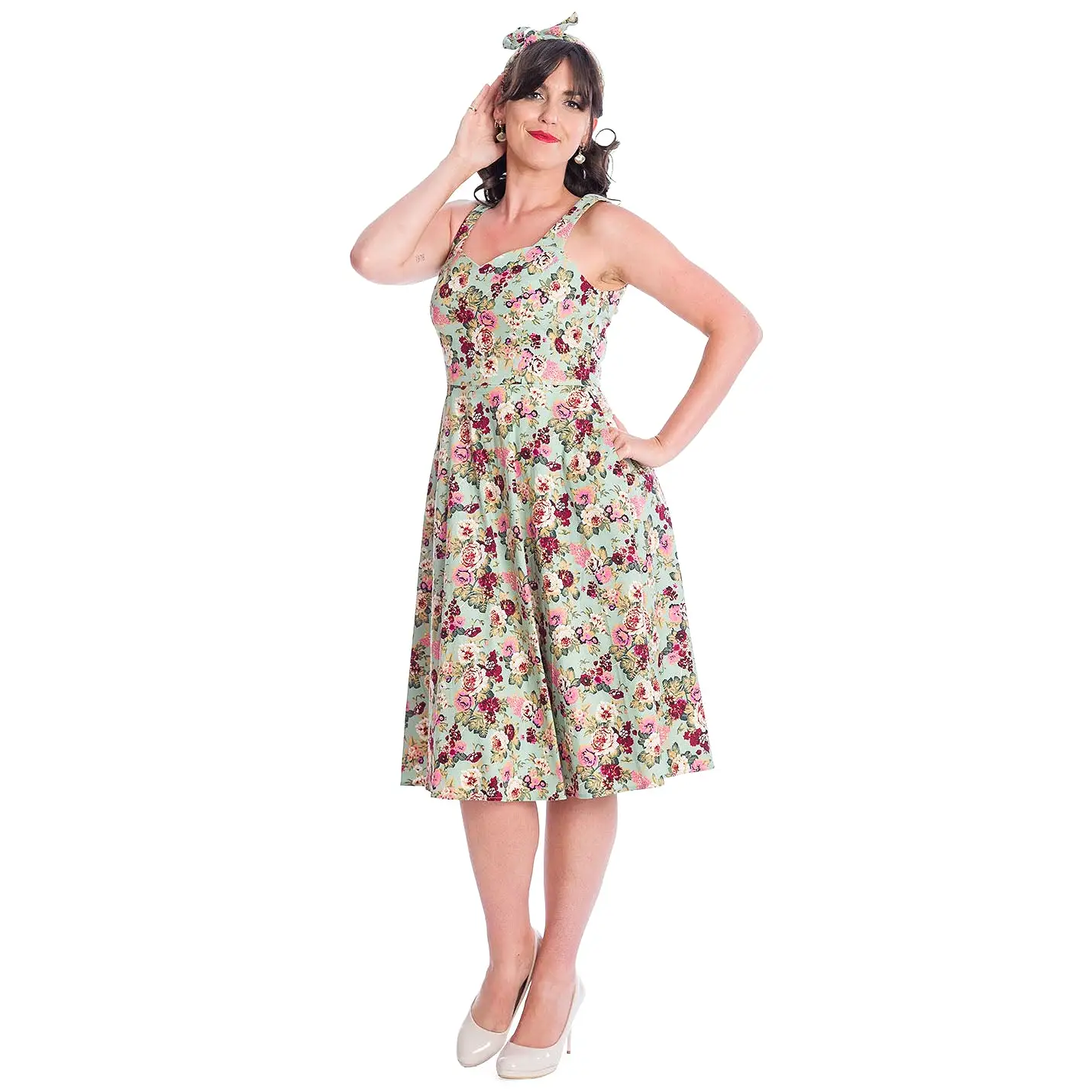 Green Vintage Floral Print Rockabilly 50s Swing Dress