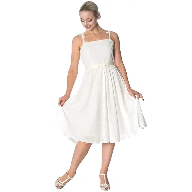 Ivory White Cotton Shoulder Strap Summer Swing Dress