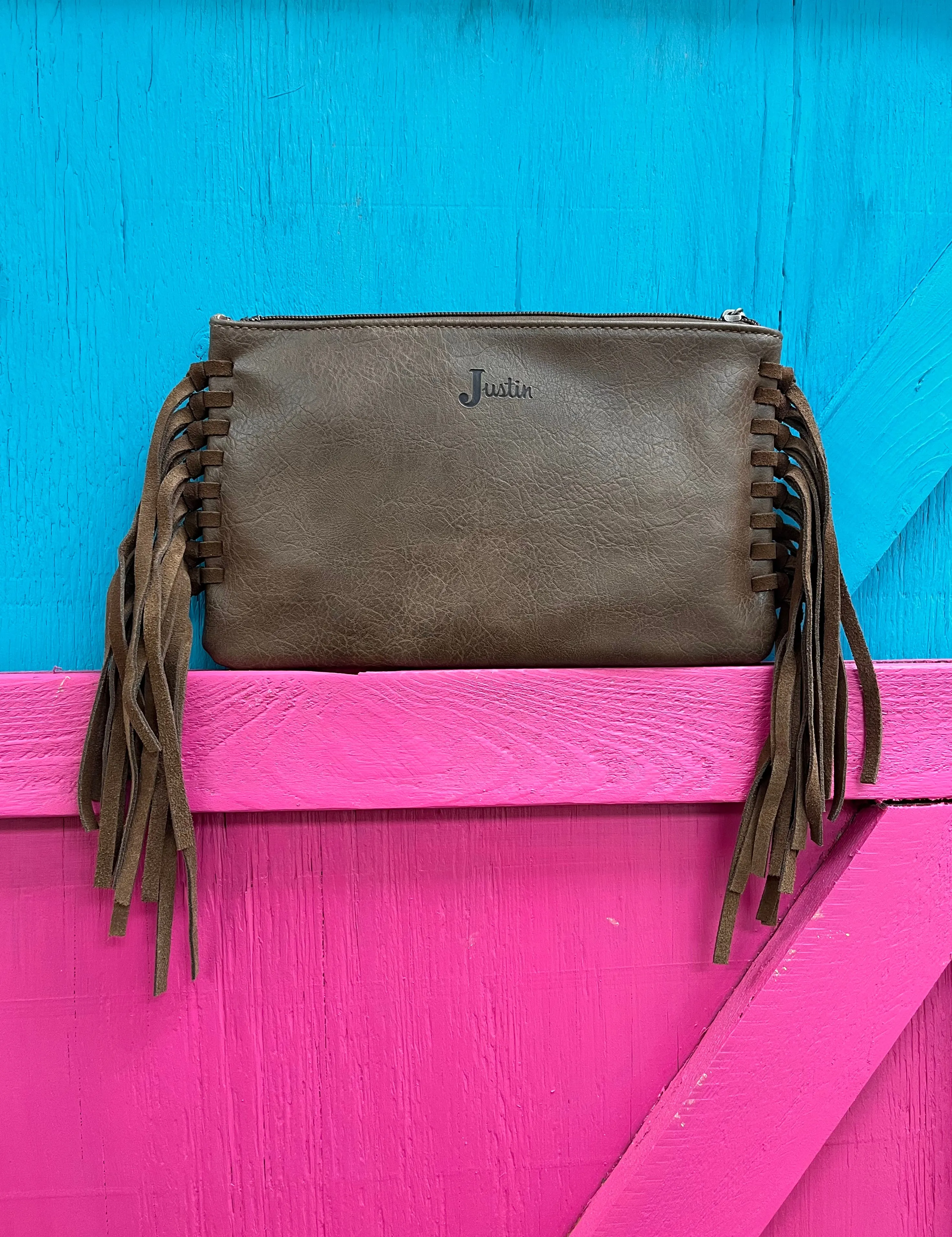 Justin Turquoise Washed Tooled Clutch Wallet Purse with Fringe 2176790BLU